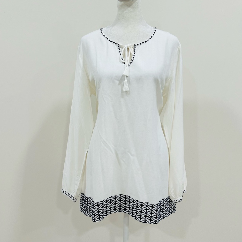 House Of Pom Womens‎ Tunic Size L White & Blue Embroidered Long Sleeve Top NWT